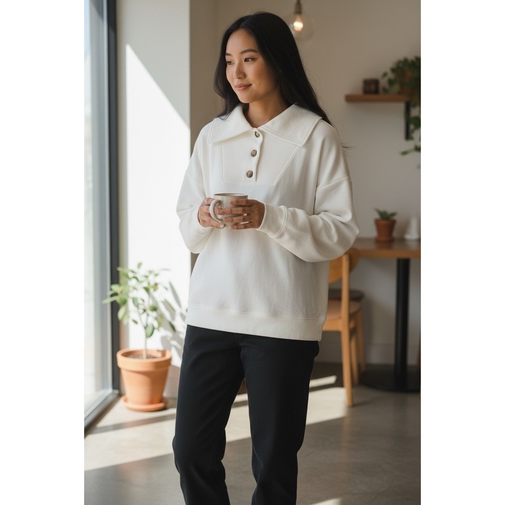 Loft Outlet Womens XL White Button Collar Sweatshirt LongSleeve French Terry NEW